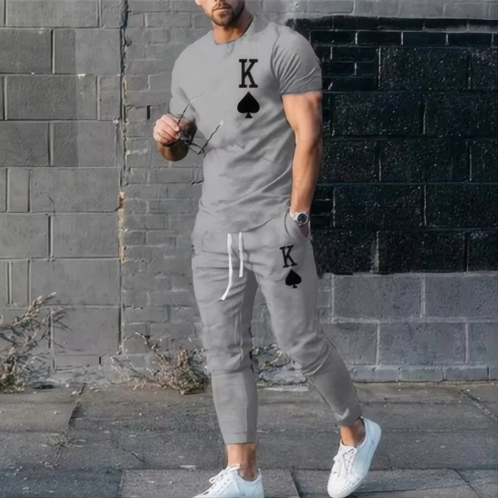 Summer men\'s top 3D printed casual streetwear retro sportswear short sleeved T-shirt long sleeved sweatpants two-piece set