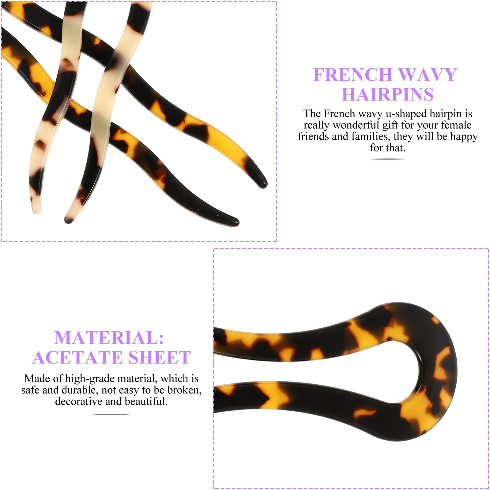 2Pcs Elegant French Wavy U-Pin Chignon Hair Clips Acetate Bun Hair Sticks for Updo Styling Daily Life Festival Decoration