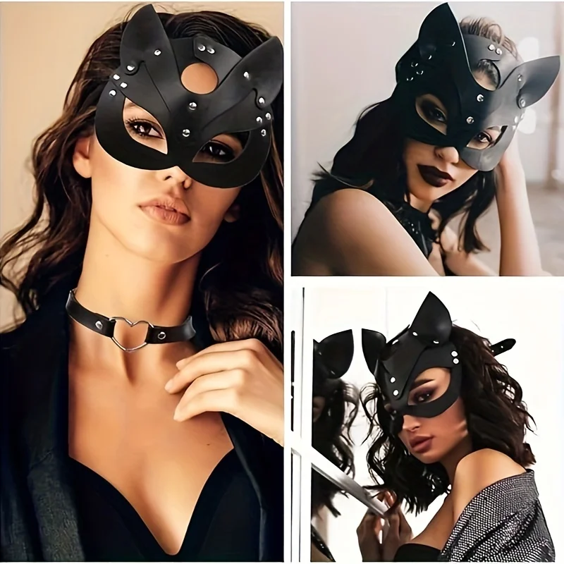 Bunny Fox Cosplay Accessories Set Including Black PU Leather Cat Fox Mask Collar Halloween Party Decorations