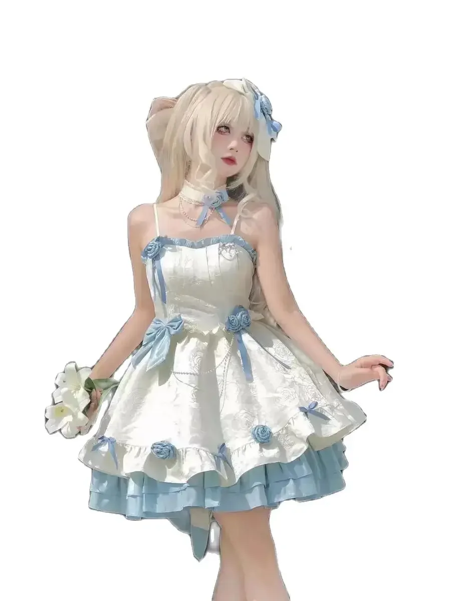 فستان نسائي ياباني لوليتا حبال الجوزاء الأزرق الأميرة الظلام القوطية حبال اليابان أزياء زي #6