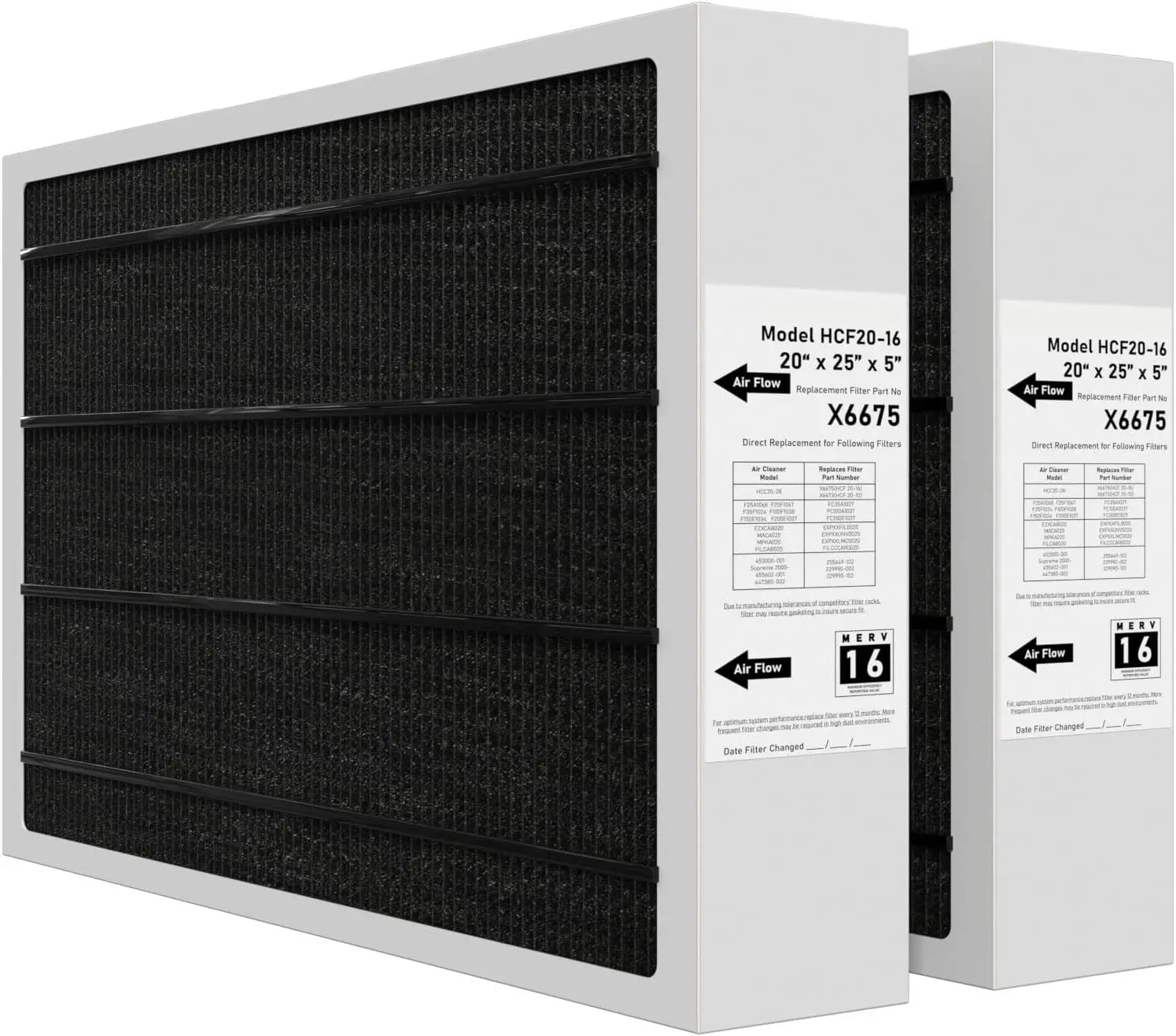 

20x25x5 MERV 16 Air Filter, 2 Pack - Efficient HVAC Replacement, Compatible with Lennox X6675 & HCC20-28