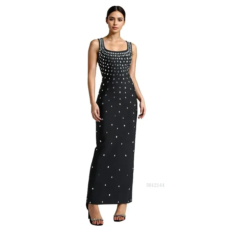 

Women's Sleeveless Bodycon Long Dress with Square Collar And Rhinestones 2025 New Maxi Dress for Birthday Party Evening Prom