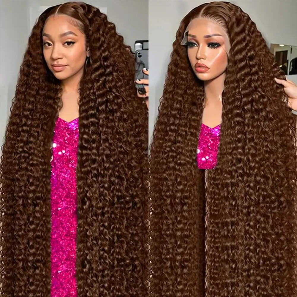 

Deep Curly Wigs Human Hair Chocolate Brown 13x4 13x6 Hd Lace Frontal Wig Colored Water Wave Lace Front Wig for Women 30 38 Inch