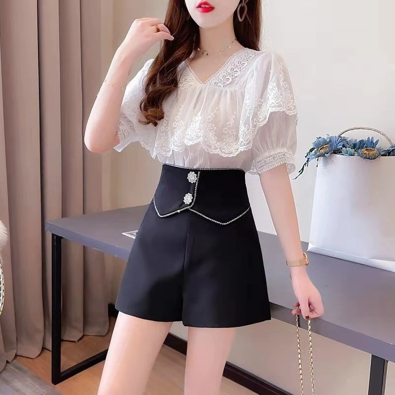

Black Female Short Pants Rhinestones High Waist Women's Suit with Shorts Wide Jorts Korean Style Streetwear Low Price Elasticty