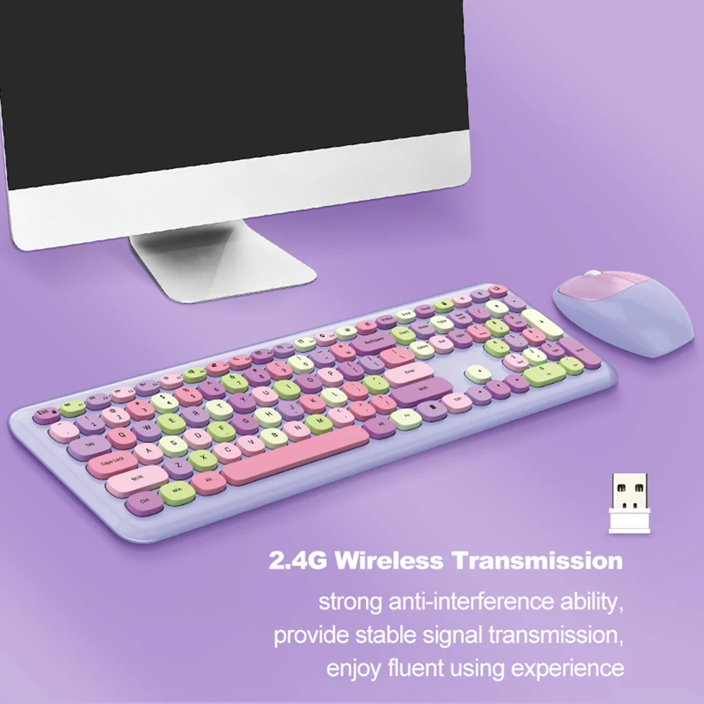 Keyboard Mouse Combo 2.4G Ergonomic Design Mixed Color Keyboard 110 Key Keyboard Mouse Set with Round Punk Keycaps
