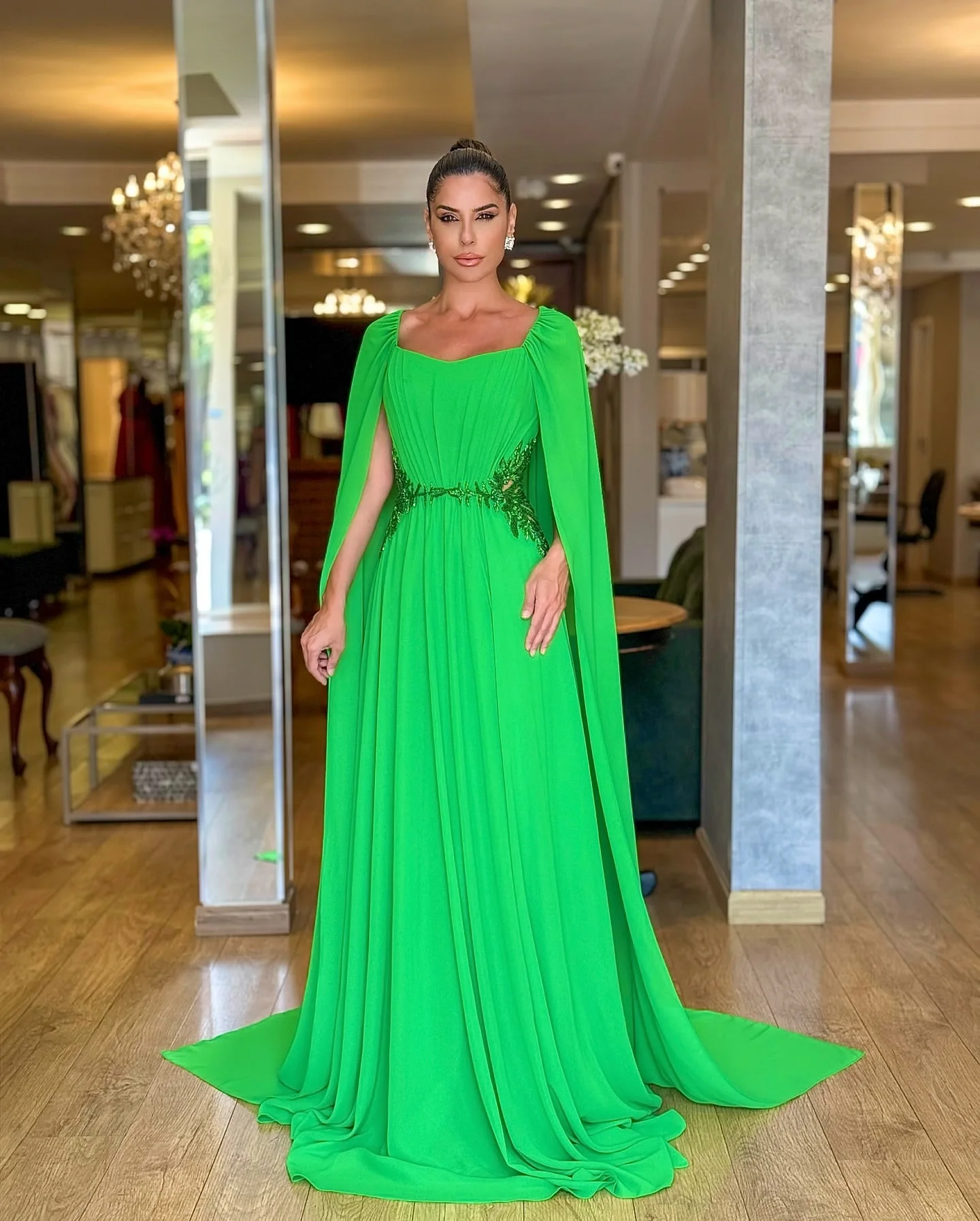 

Customized Temperament Long Sleeves Chiffon Sequined Evening Dress Graceful Pleats Chapel Train Photo Color Vestido De