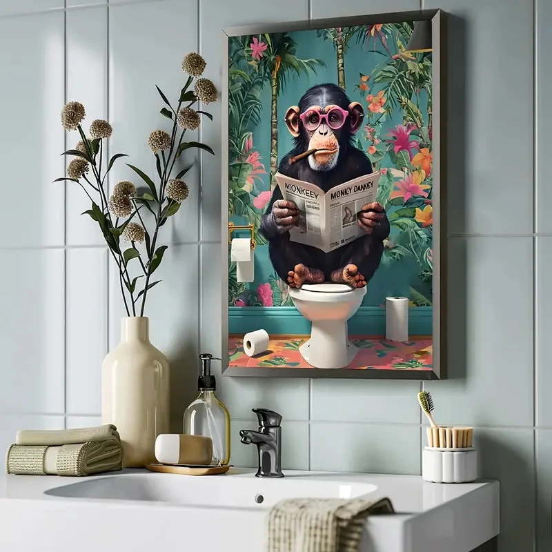 

Modern Art Interesting Orangutans Reading Newspapers on The Toilet Wall Art Canvas Paintings Bedroom Living Room Wall Home Decor