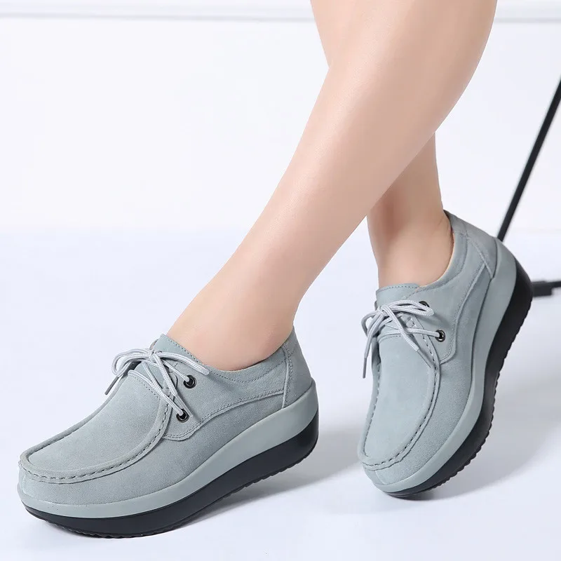 New 2018 Autumn Women Flats Shoes Thick Soled High Platform Shoes Leather Suede Ladies Casual Shoes Lace Up Flats Creepers