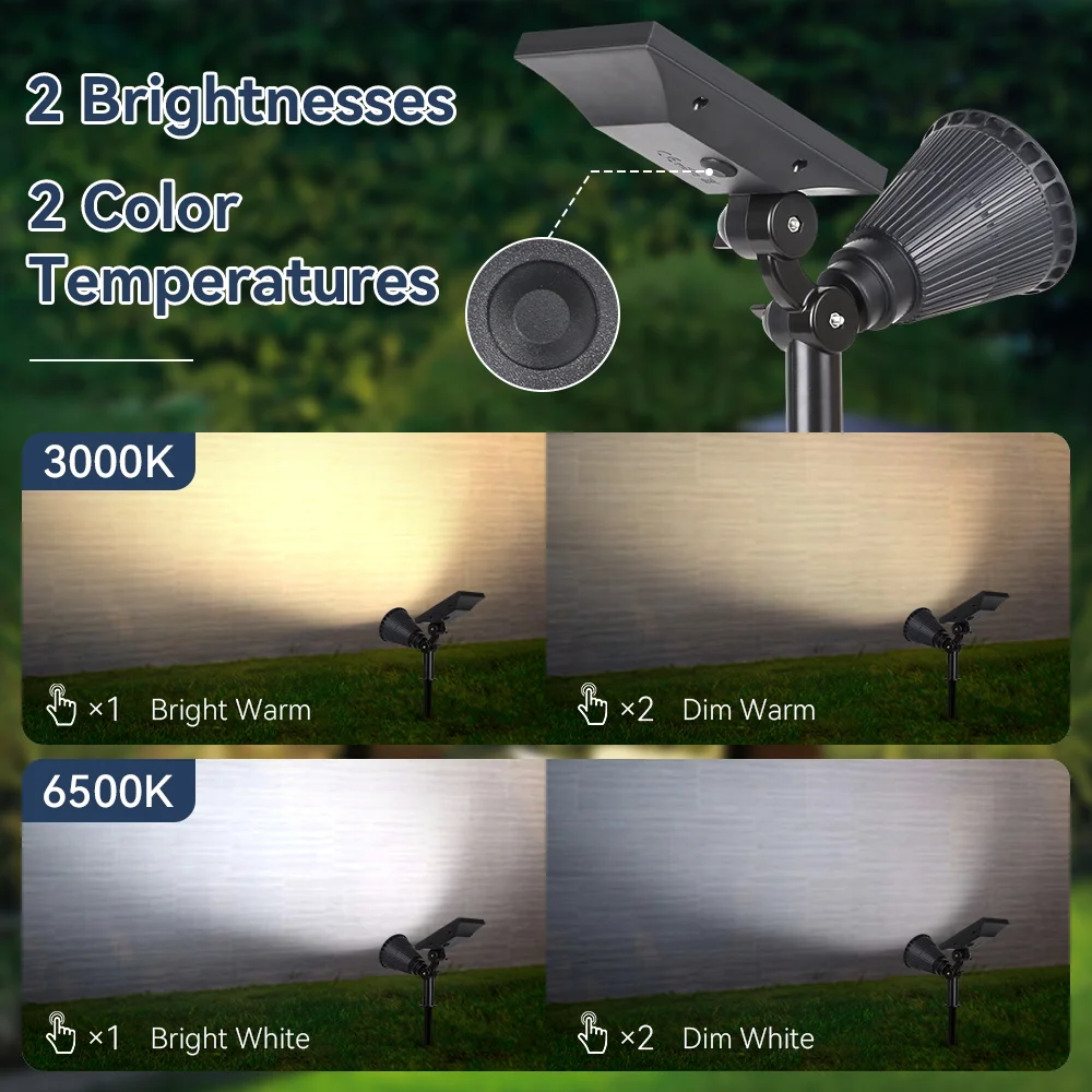 Outdoor Waterproof Solar Spotlights - Dimmable Long-Lasting Battery LED Garden Lights, Spike Lamps for Courtyard Path Tree Home