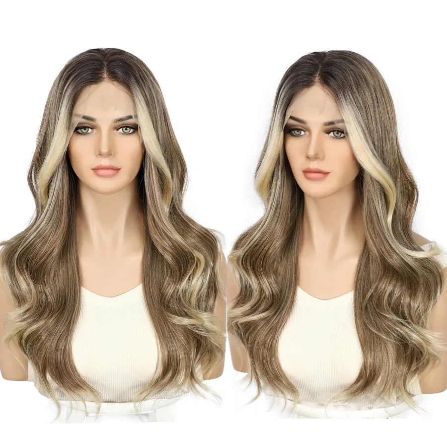 Aschblonde Lace-Front-Perücke, 13 x 4, vorgezupft, Highlight-Körperwelle, synthetische Lace-Front-Perücke für Frauen, hitzebeständiges Haar, 55,9 cm Da