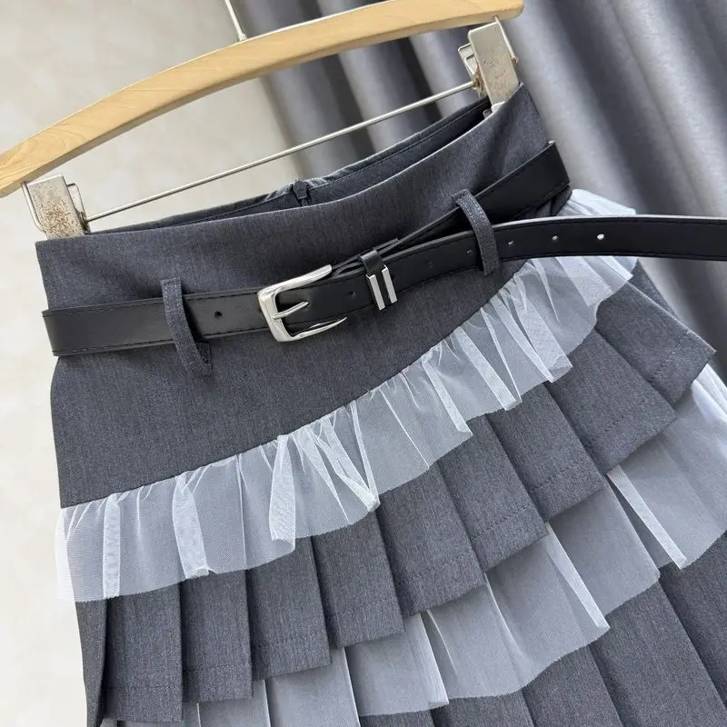 Szara, casualowa, wąska, wysoka talia, plisowana spódnica w kształcie litery A, kobieca, krótka spódniczka z nieregularną siateczką