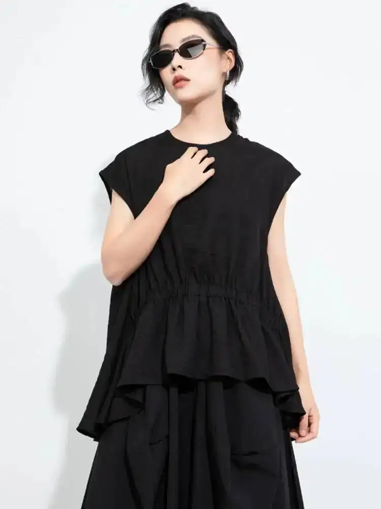 Women Black Pleated Irregular Big Size Casual T-shirt New Round Neck Sleeveless Fashion Spring Summer 2026 MTDD