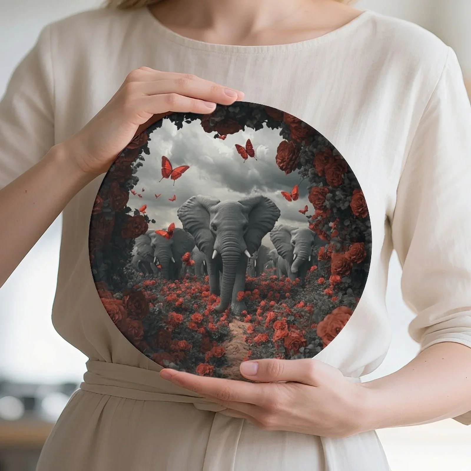 1pc Elephant Parade in Rose Garden Decorative Plate - Elegant Elephant & Floral Wall Art, Non-Food Contact Ceramic Round Plate