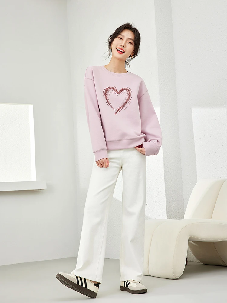 Vimly Heart Sequins Embroidery Pink Sweatshirt Long Sleeve Top for Women 2024 Spring New Casual Sports O-neck Pullovers M5883