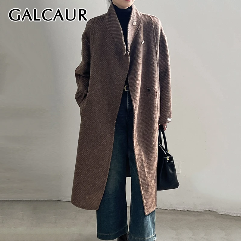 

GALCAUR Womens Plus Size Winter Coat Lapel Long Sleeve Spliced Pockets Solid Wool Coats Female Korean Elegant Clothes 2024 New