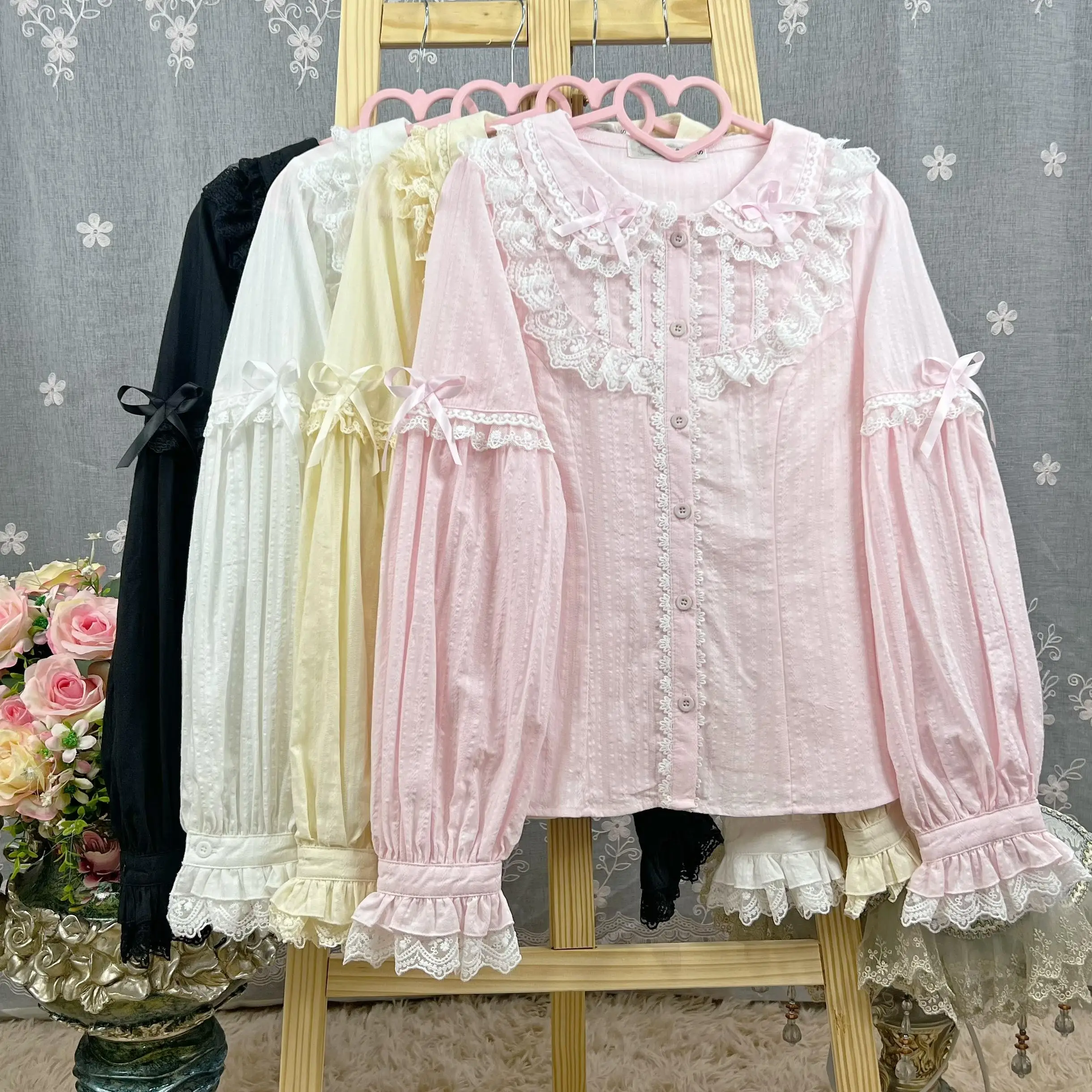 

Vintage Lolita Shirts blouses for Women Tops Japanese Style Kawaii Ruffles Blusas Mujer Solid Bow Elegant Short Camisas