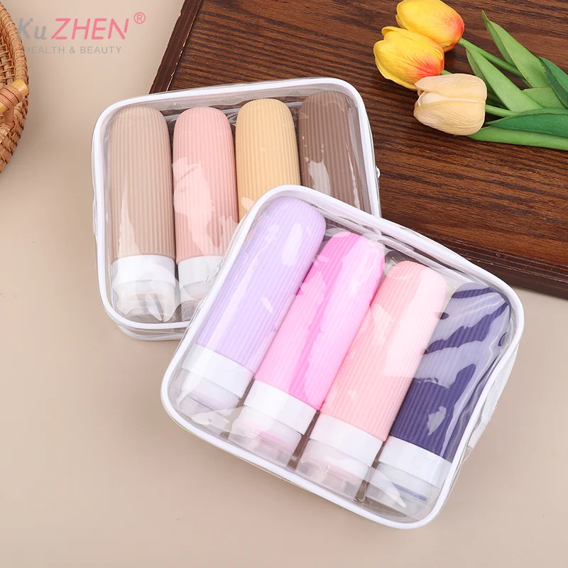 4 unids/set de botellas de viaje de silicona de PVC, contenedores de tamaño de viaje de 90ml, bolsa de aseo transparente exprimible líquida recargable a prueba de fugas