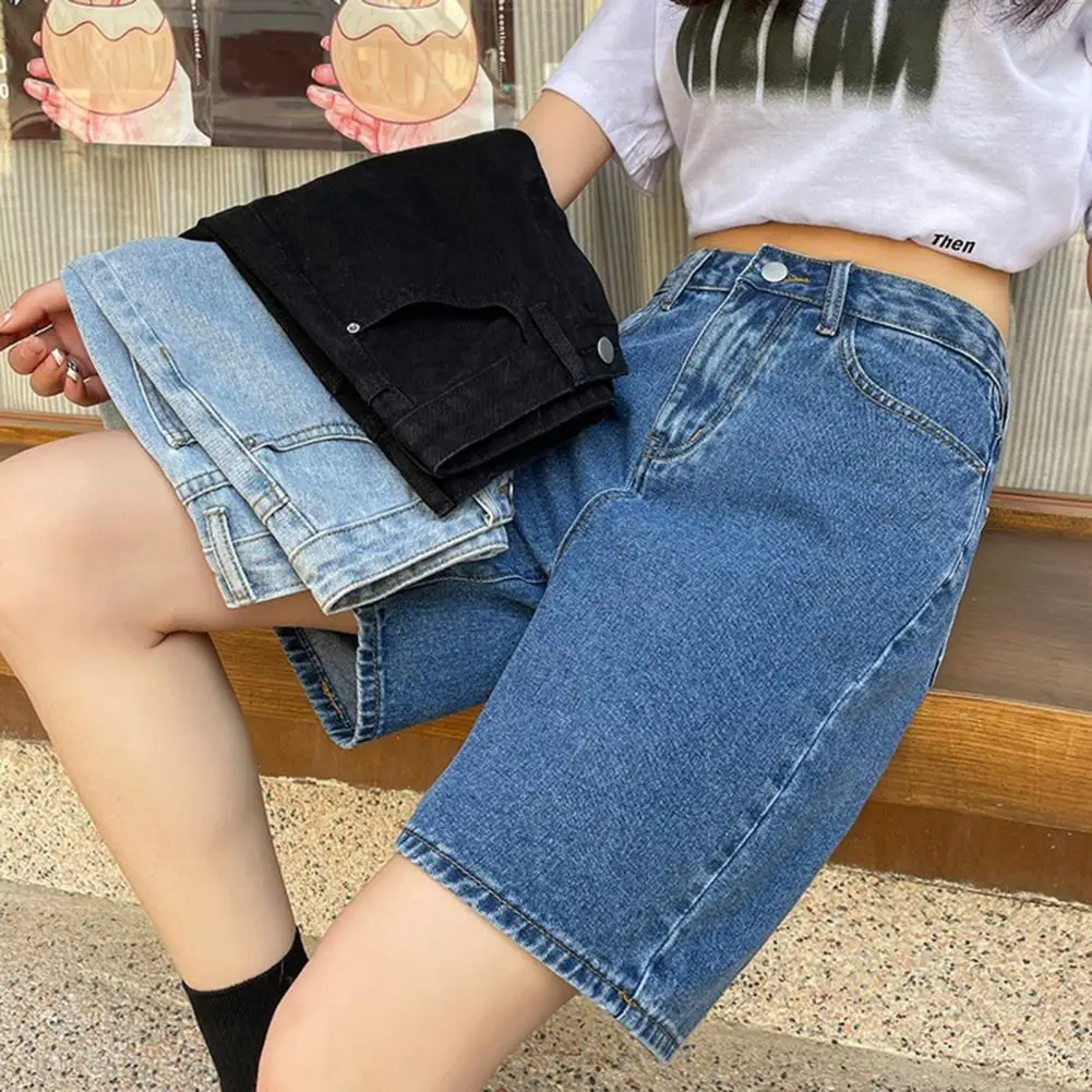 Denim Trousers Vintage Denim Shorts with Adjustable Buttoned Waist Pockets for Women Knee Length A-line Pants Solid