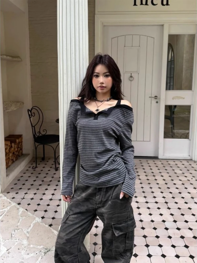 

Deeptown Vintage Gray Striped Women T-Shirts Y2k Off Shoulder Long Sleeve Korean Fashion Tees Baggy Preppy Casual Gyaru Autumn