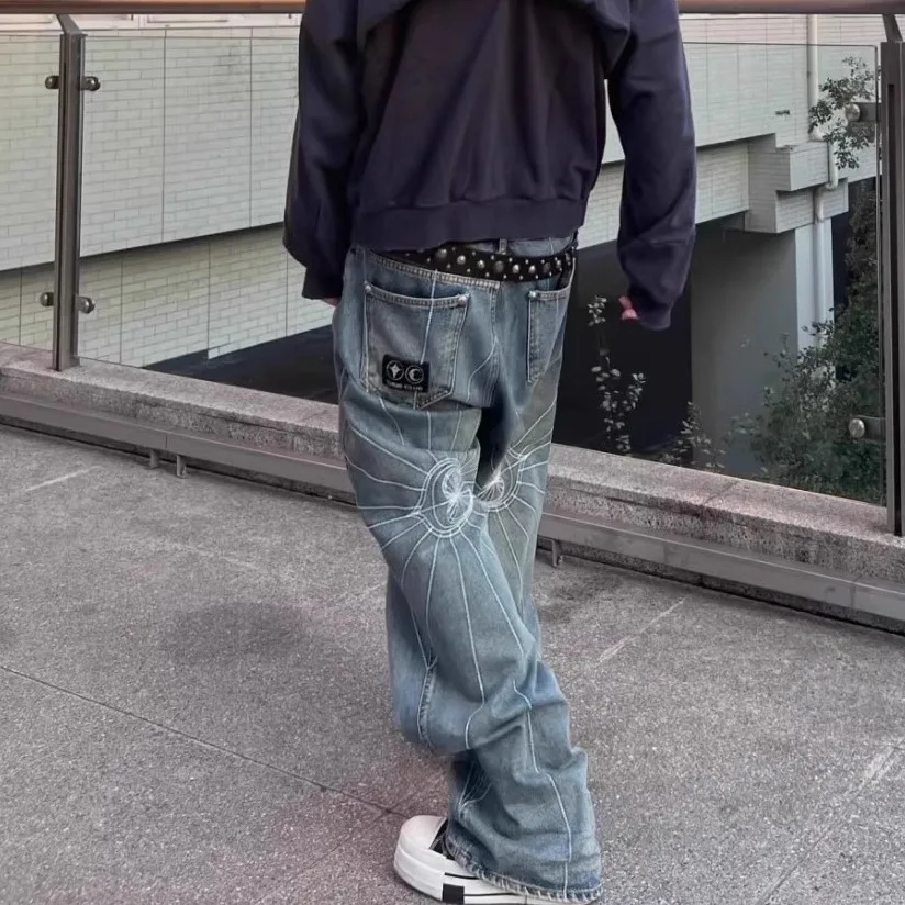 

Thug Club 2026 New Heavy-Duty Spiderweb Embroidered Radiating Stripe Denim Jeans for Men