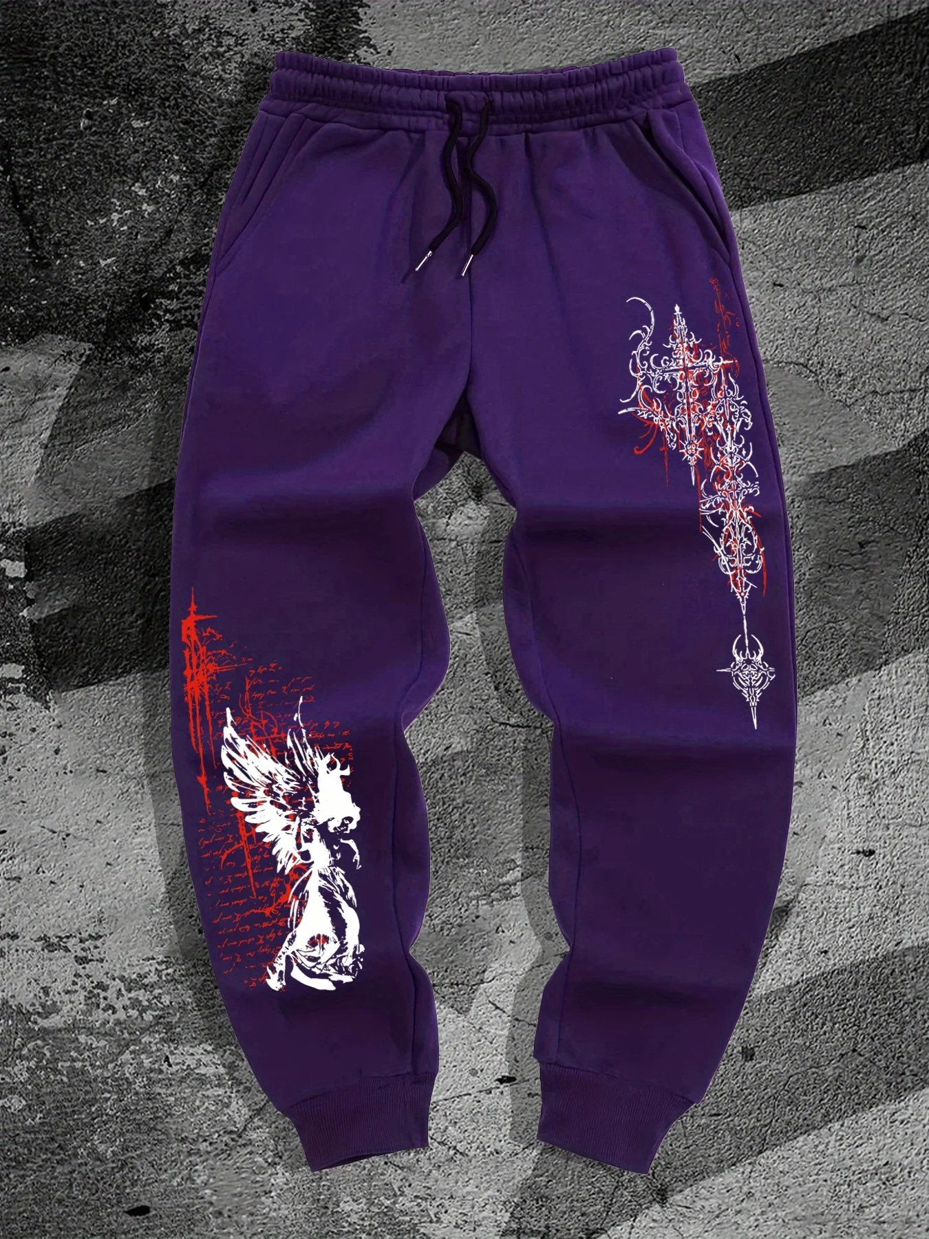 Gothic Angel Print Fashion Harajuku Versatile Solid Color Daily Outdoor Running Fitness Breathable Comfortable Men Sports Pants