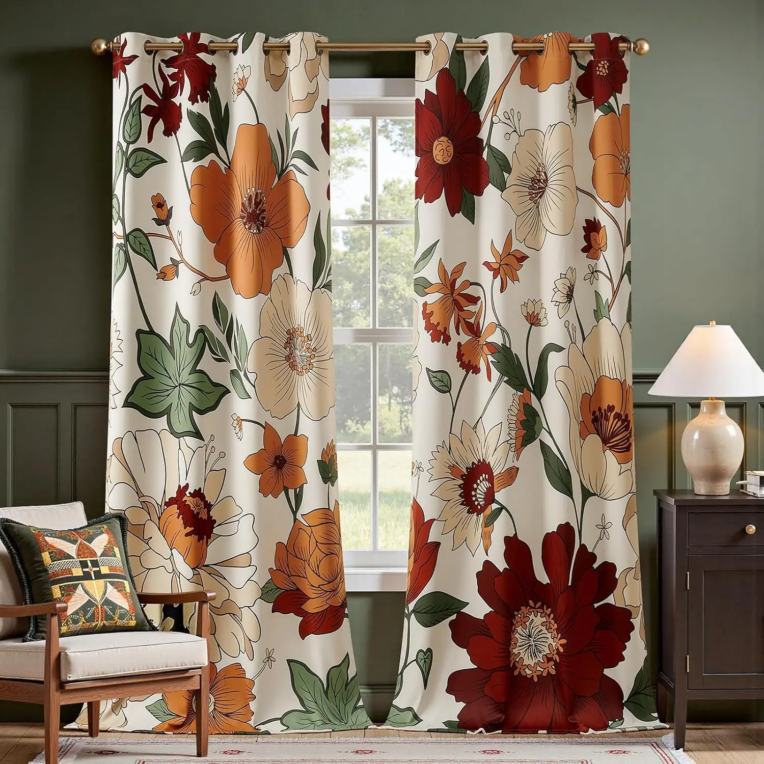 

Floral Blackout Curtains for Bedroom 95% Light Blocking Vintage Beige Boho Window Drapes 96 Inches 2 Panels with Grommet