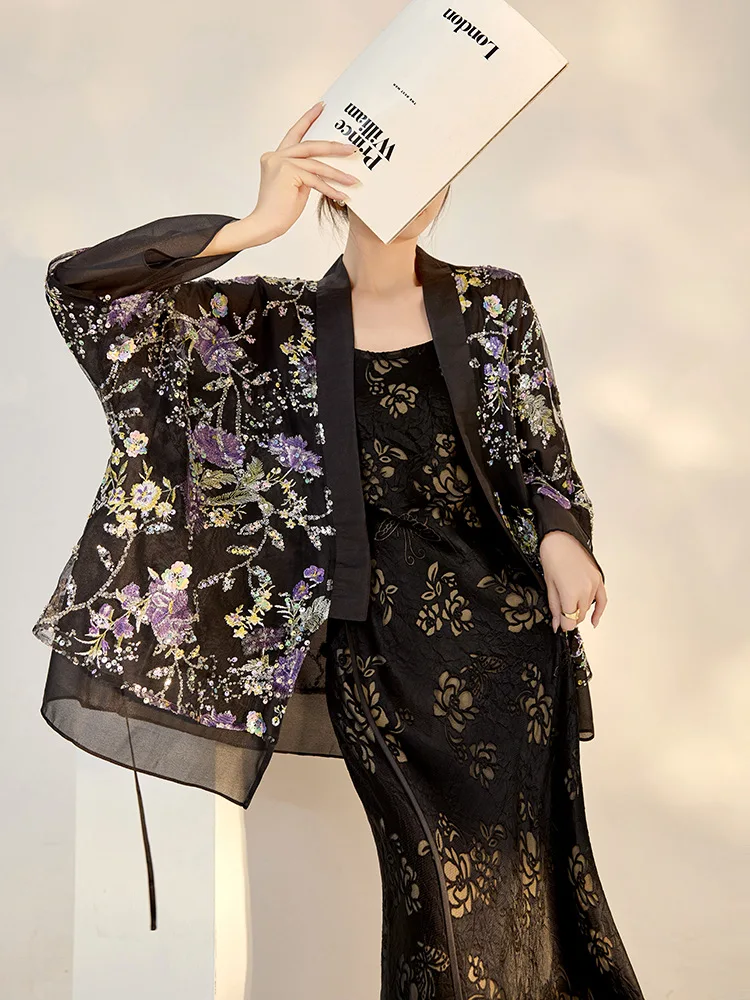 Japanese Women Cardigan Kimono Haori Yukata Top Luxury Fashion Sequin Mesh Coat Streetwear Exquisite Chinese Satyle Jacket Shirt