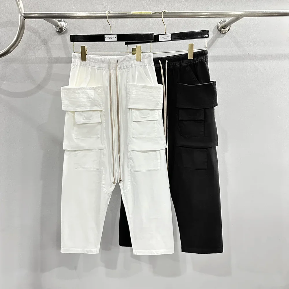 Owens Pants Streetwear Cotton Rick Trouser High Street Y2K Ankel Length Pants Slacks Double Loop Design Slim RO Cargo Pants