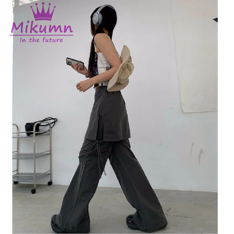 Mikumn Harajuku Fake Two Piece Casual Trousers Japanese Women Pant Skirt Retro Solid Color Elastic Waist Loose Wide Leg Pant