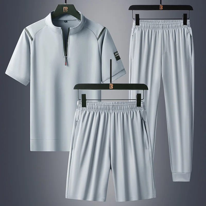 2026 Summer New Fashion Trend Short-Sleeved T-shirt Sports Suit Men's Casual Breathable Plus Size High-Quality Three-Piece Set