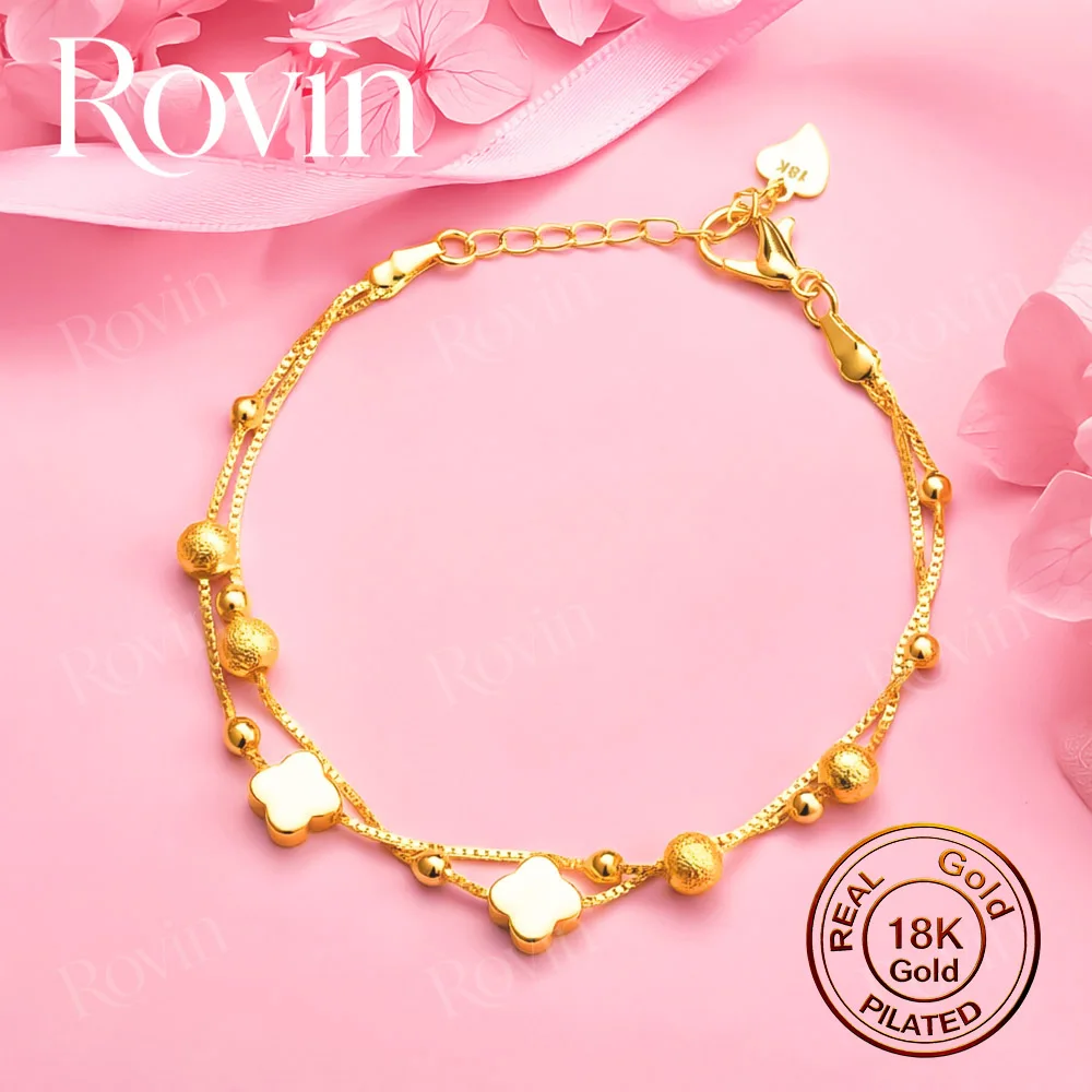 18K Gold-Plated 8-Inch Exquisite Four-Leaf Clover Bead Bracelet – Women's Fashion Wedding Jewelry & Party Gift