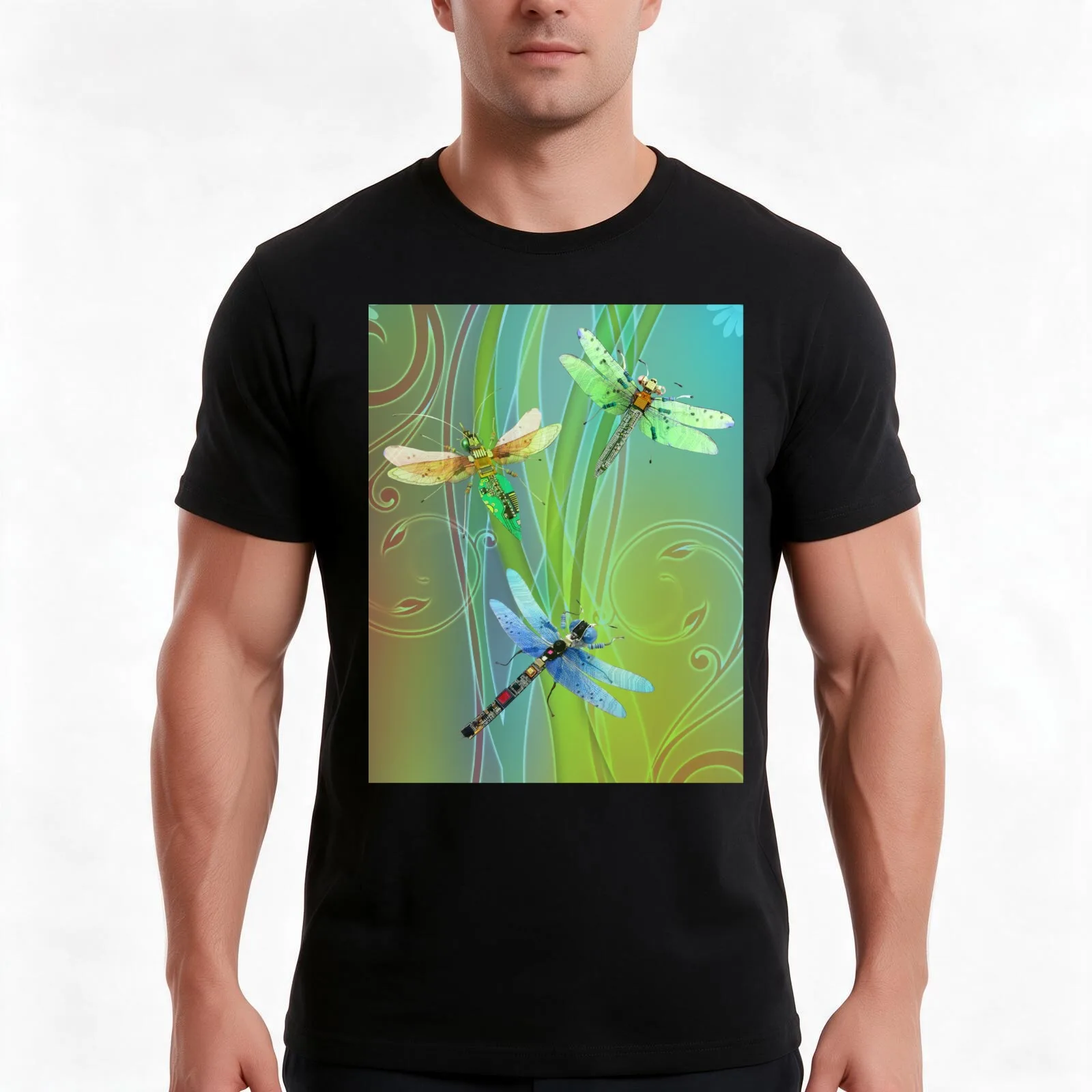 Meadow Dragonflies, Fantasy Circuit Board Insects T-Shirt, Summer Casual Cotton Tee, Oversized Streetwear Tops, Unisex Men Women