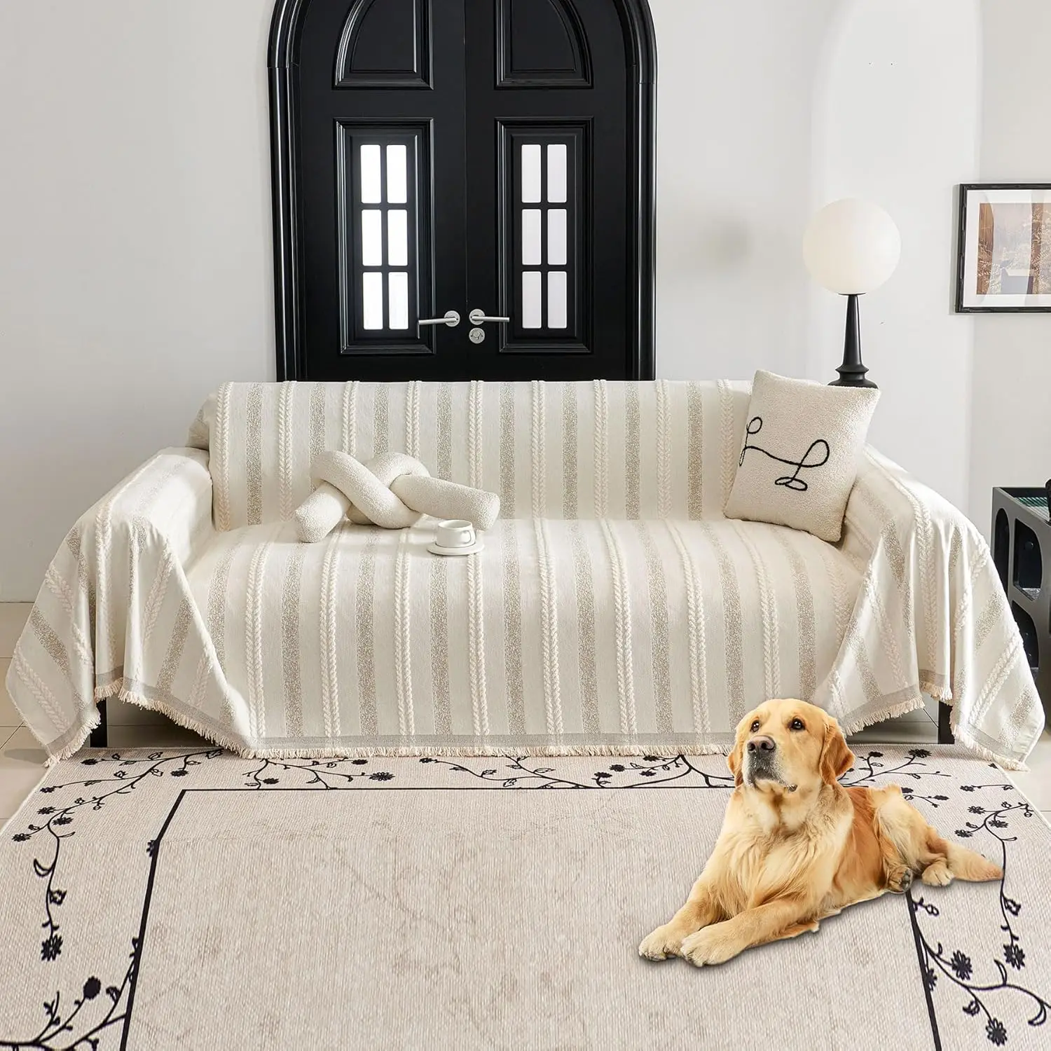 

Non Slip Couch Cover for 3 Cushion Sofa, Washable Furniture Protector, Cream White 91x134 in