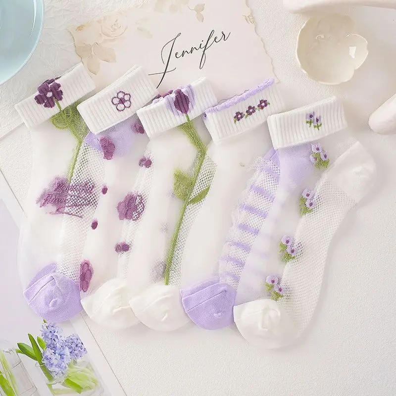 

5Pairs Summer Woman Silk Socks Ankle Lace Ultra-thin Girl’s Transparent Glass Fiber Fashion Daisy Flower Harajuku Cute Style New