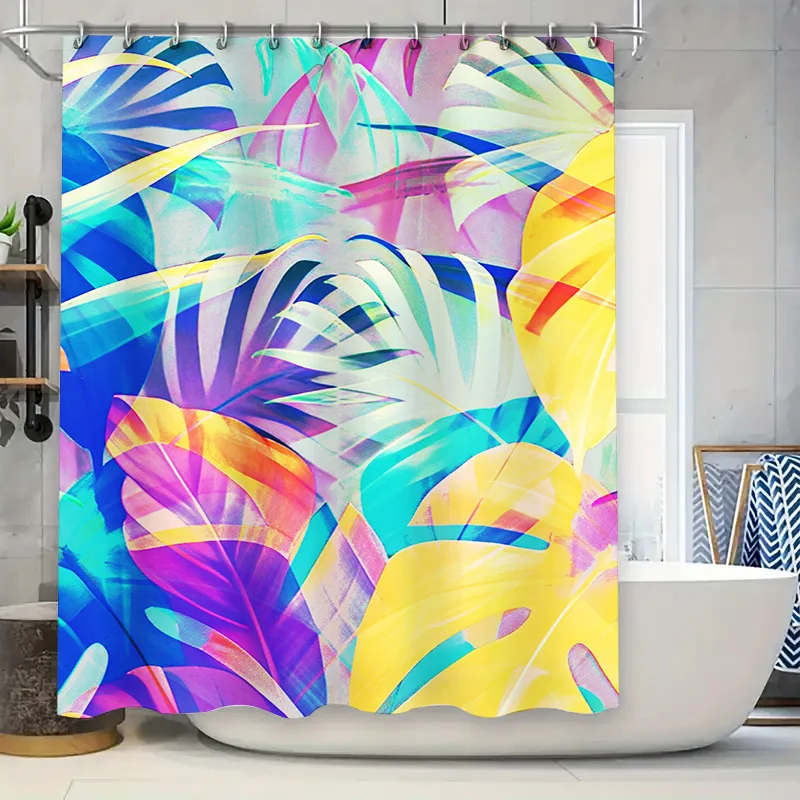 

Colorful Palm Leaf Shower Curtain Modern Bath Decor Printed Polyester Waterproof Liner for Bathtub Home Decoration (Purple Blue