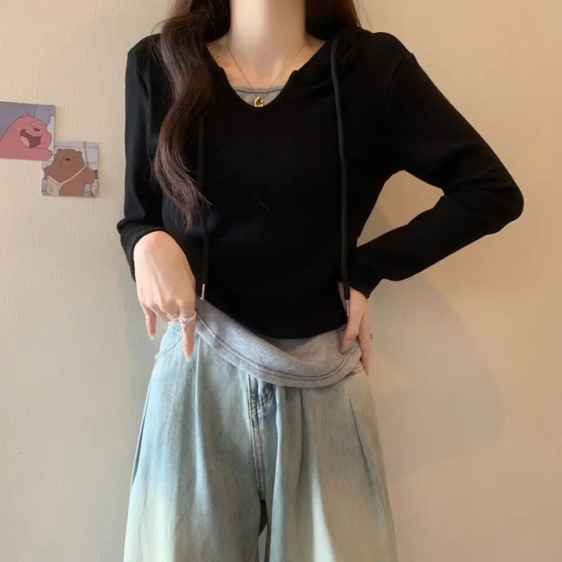 Casual Hooded Patchwork T-shirt Women's Clothing Korean Contrasting Colors Spring Autumn Chic Drawstring Commute Slim Pullovers