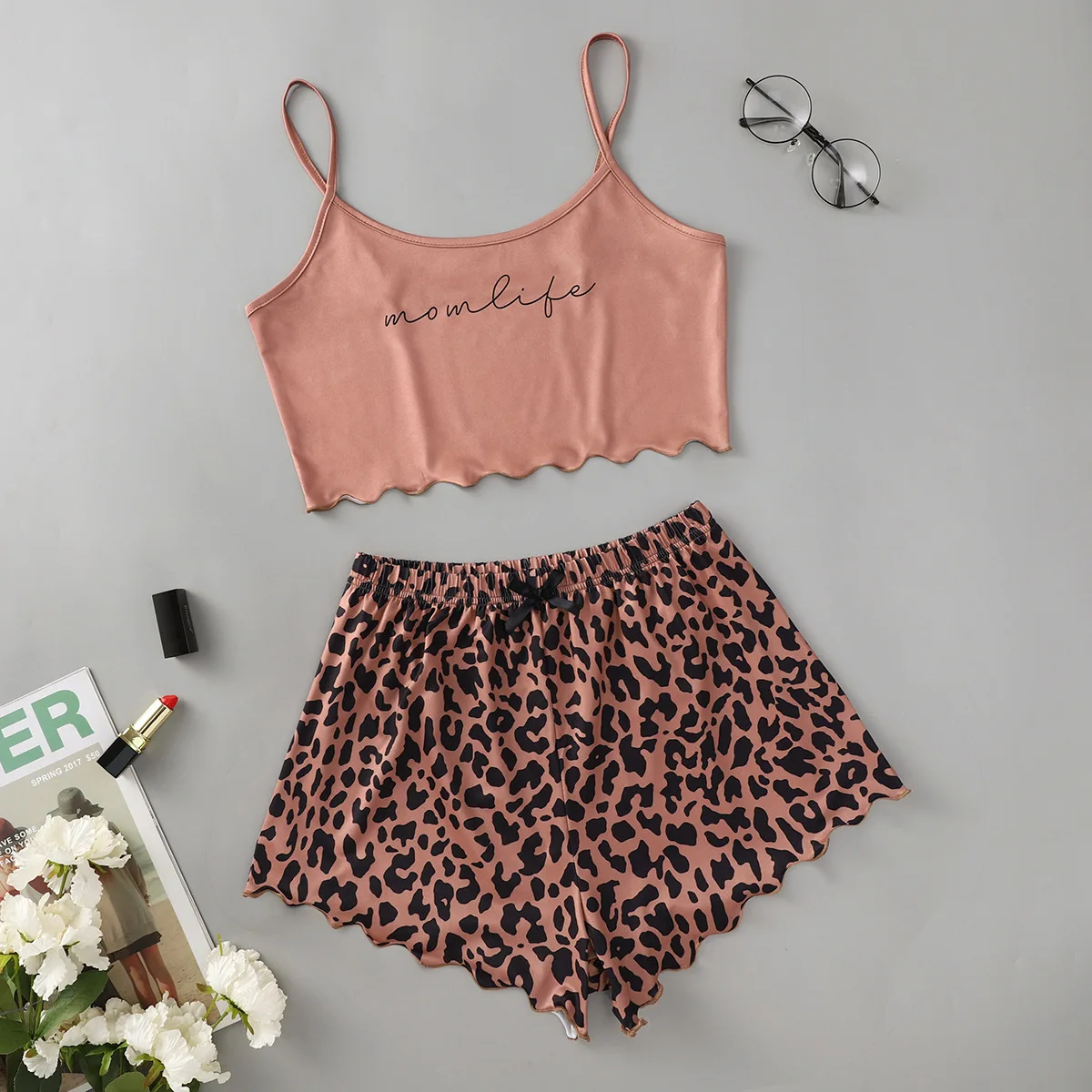 Women\'s 2pcs Cute Soft Comfy Leopard  Print Spaghetti Strap Shorts Sleepwear Sleeveless Sleepwear & Loungewear  Pajama Set