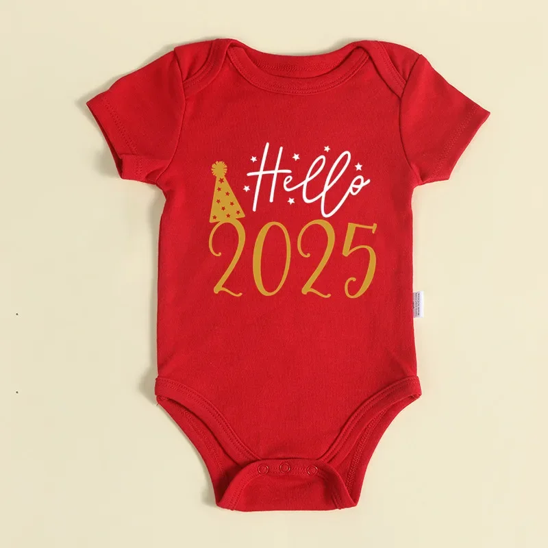 Hello 2025 Newborn Baby Bodysuit Cotton Short Sleeve Infant Rompers Body Baby Boys Girls New Year Ropa Clothes Christmas Gift