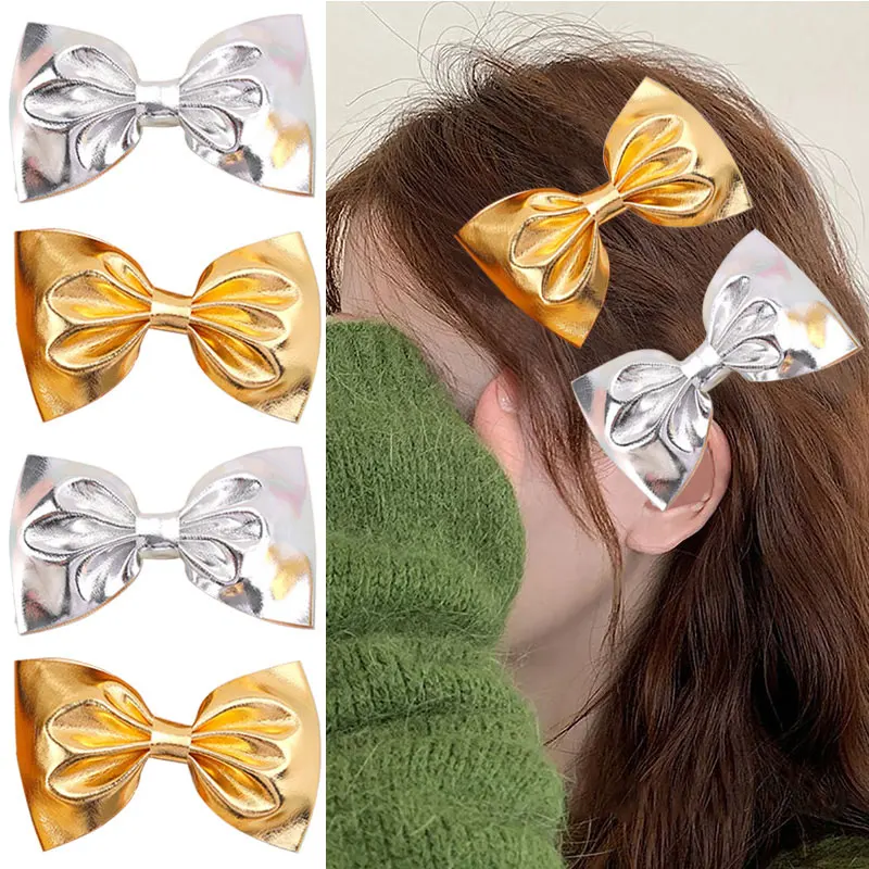 2Pcs Gold Hair Bow Clip For Children PU Sliver Metallic Hairpins Shinning Golden Barrettes Headwear Girls Hair Accessories