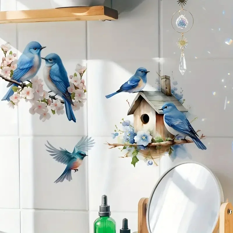 Blue Bird Nest Wall Sticker Removable Plant Flowers Bathroom Toilet Cover Refrigerator Door Cabinet Door Window Home Decor