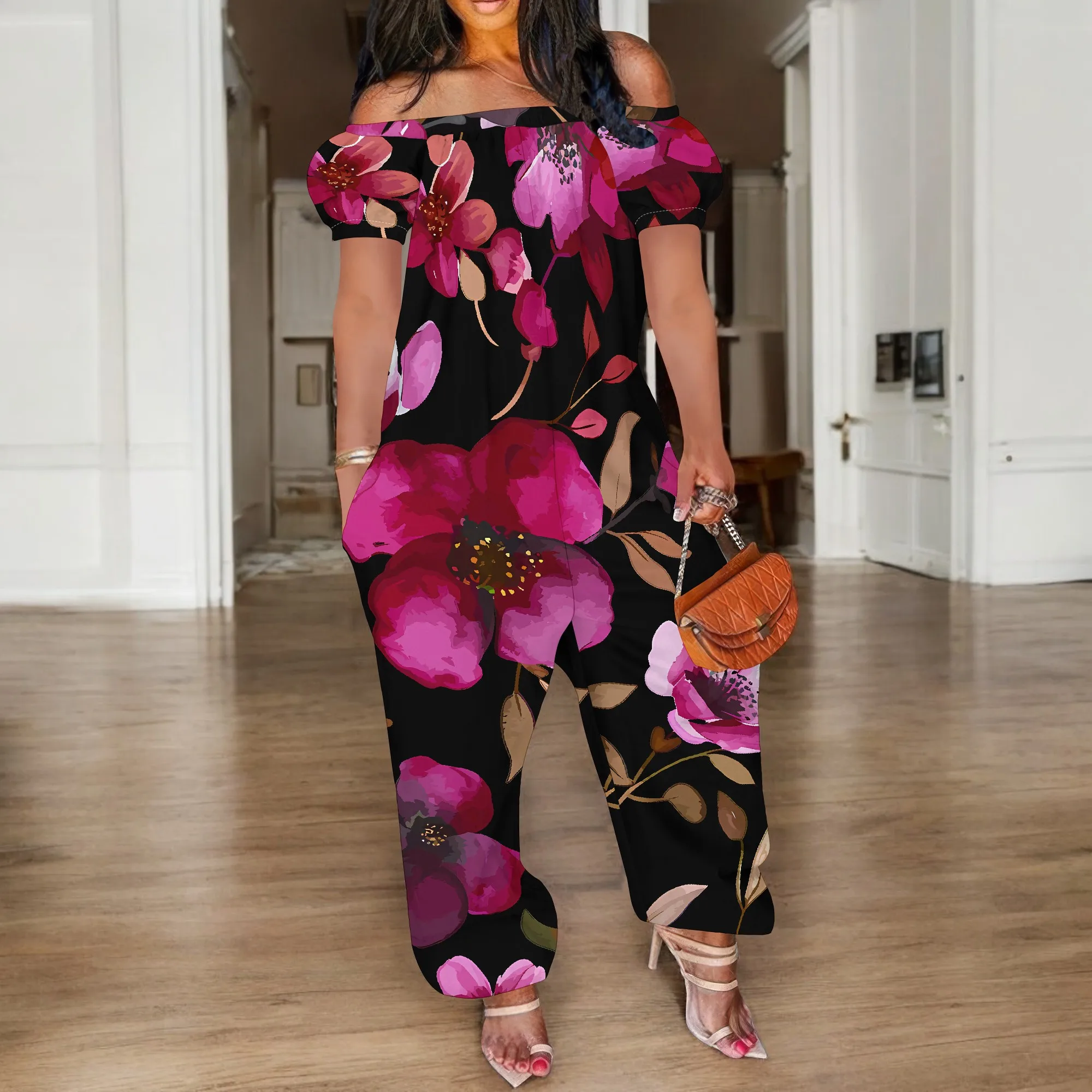 Women Casual Off The Shoulder Short-Sleeved Baggy Jumpsuits Casual Loose Wide Leg Romper with Pocket Floral