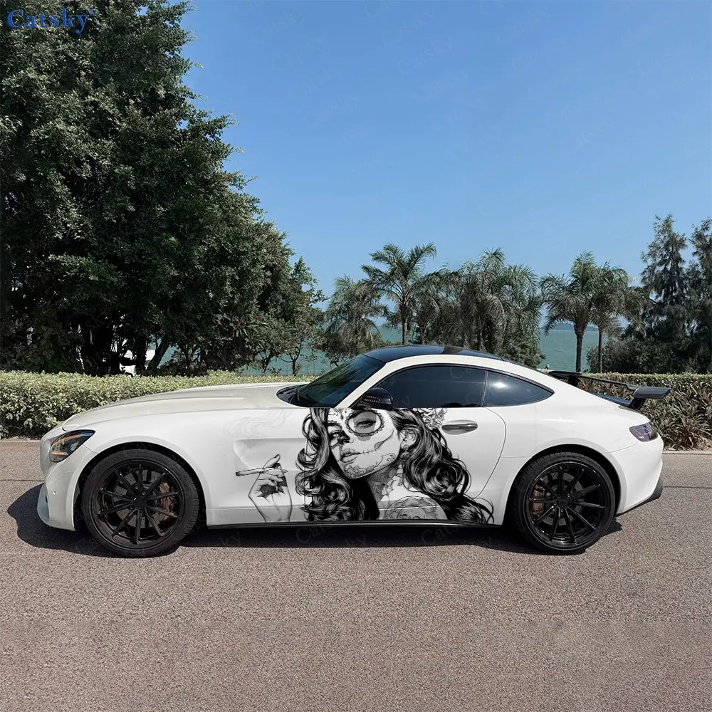 2pcs Art Floral Face Beauty Smoke Car Side Wraps, Self-Adhesive PVC Waterproof & Scratch-Resistant Stickers, Car Accessory Gift