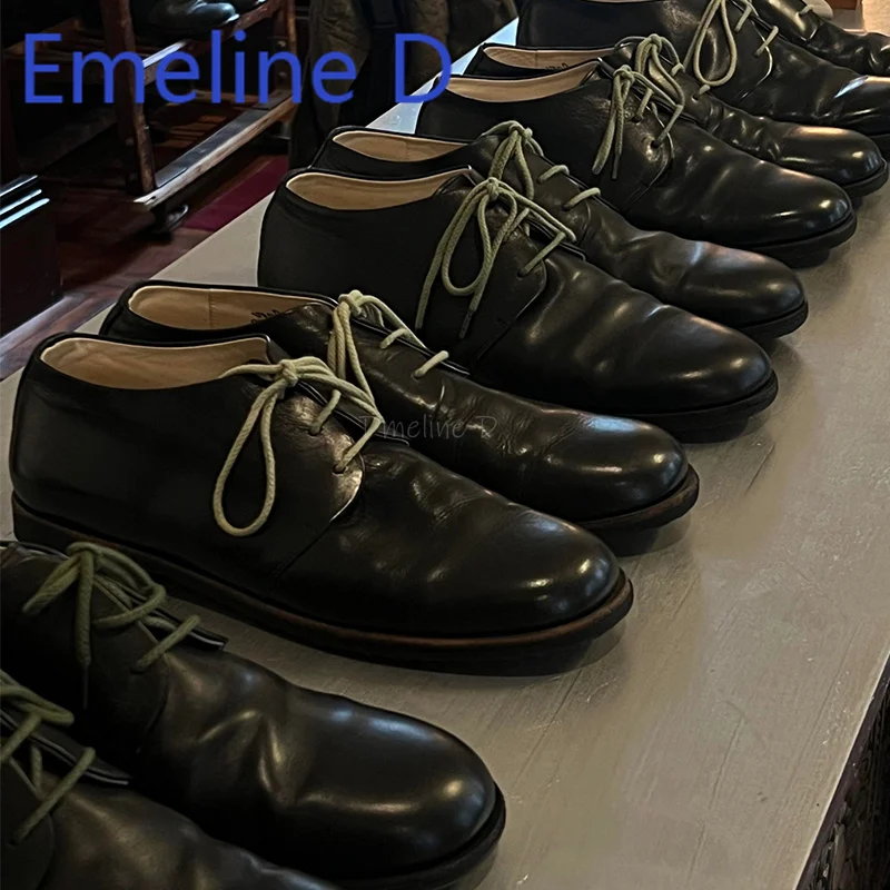 

Handmade Hemp Rope Tied Derby Shoes Fashionable Retro Pleated High Top Shoes Unisex Casual Height Increasing Flat Leather Shoes