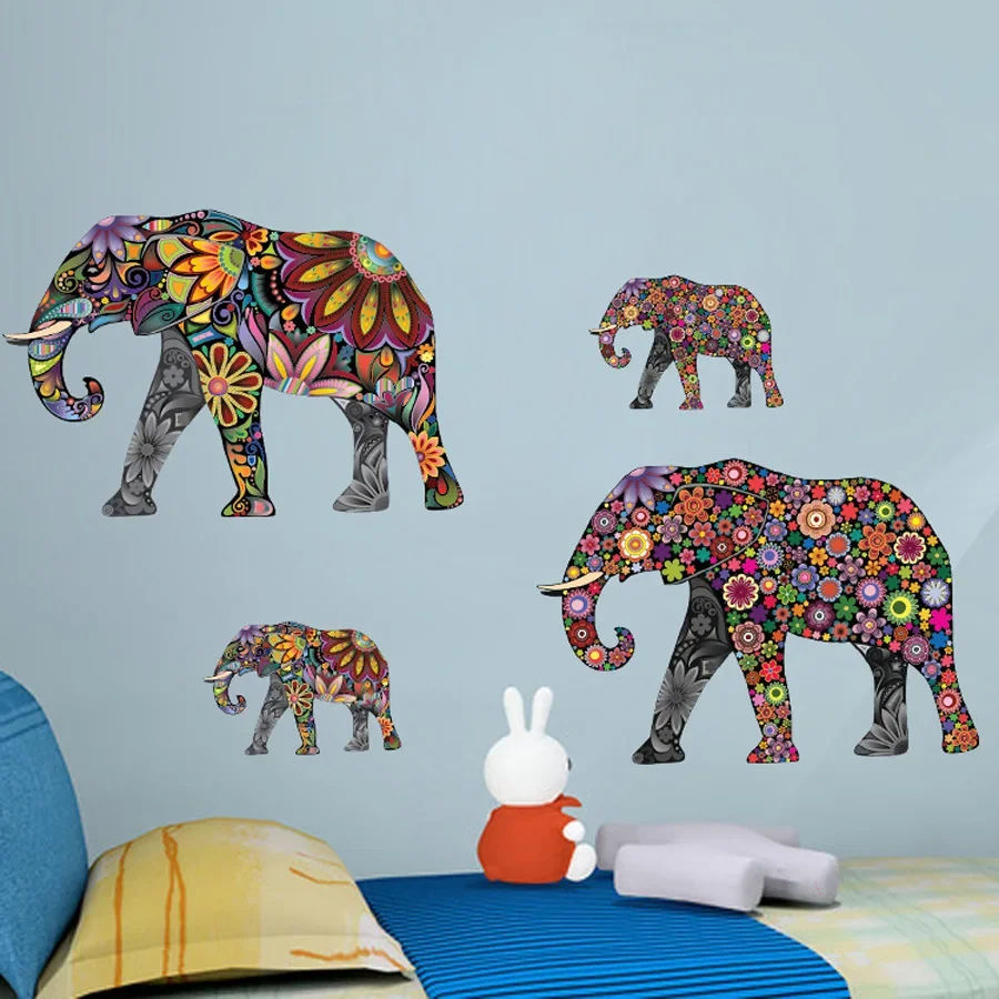 Colorful Elephant Flower Color Wall Sticker for Living Room, Removable Art Decals, Ethnic, Unique Room Decor