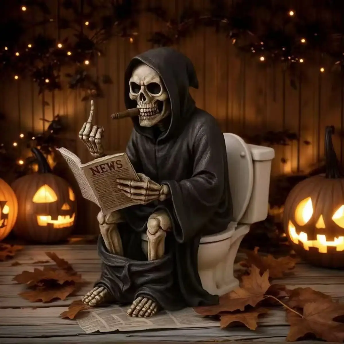 Funny Middle‑Finger Grim Reaper Toilet Statue, Resin Craft Figurine, Creative Gag Ornament for Halloween Bathroom Tabletop Decor
