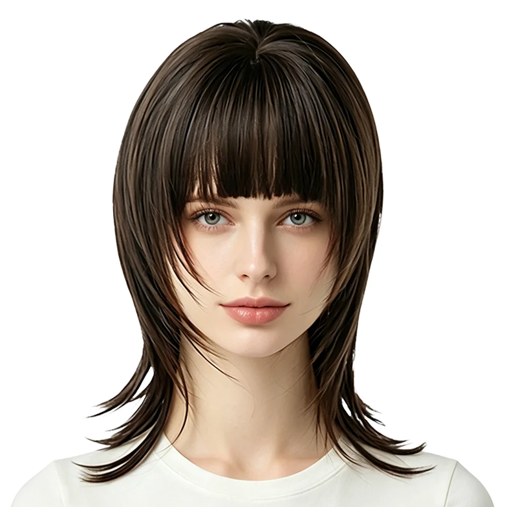 Natural Cool Brown Wolf Cut Wig Women Mid Length Air Bangs Pre Styled Fluffy Heat Resistant Wig For Daily Cosplay Halloween
