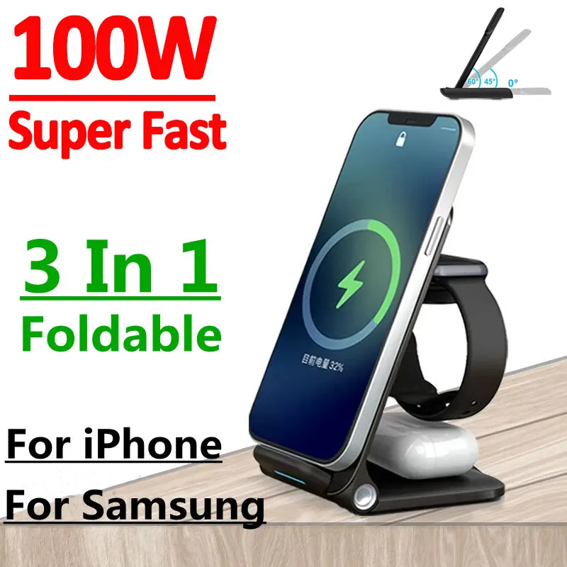 

100W Wireless Charger Stand For iPhone 14 13 12 Samsung Apple Watch 3 In 1 Fast Charging Dock Station for Airpods Pro IWatch