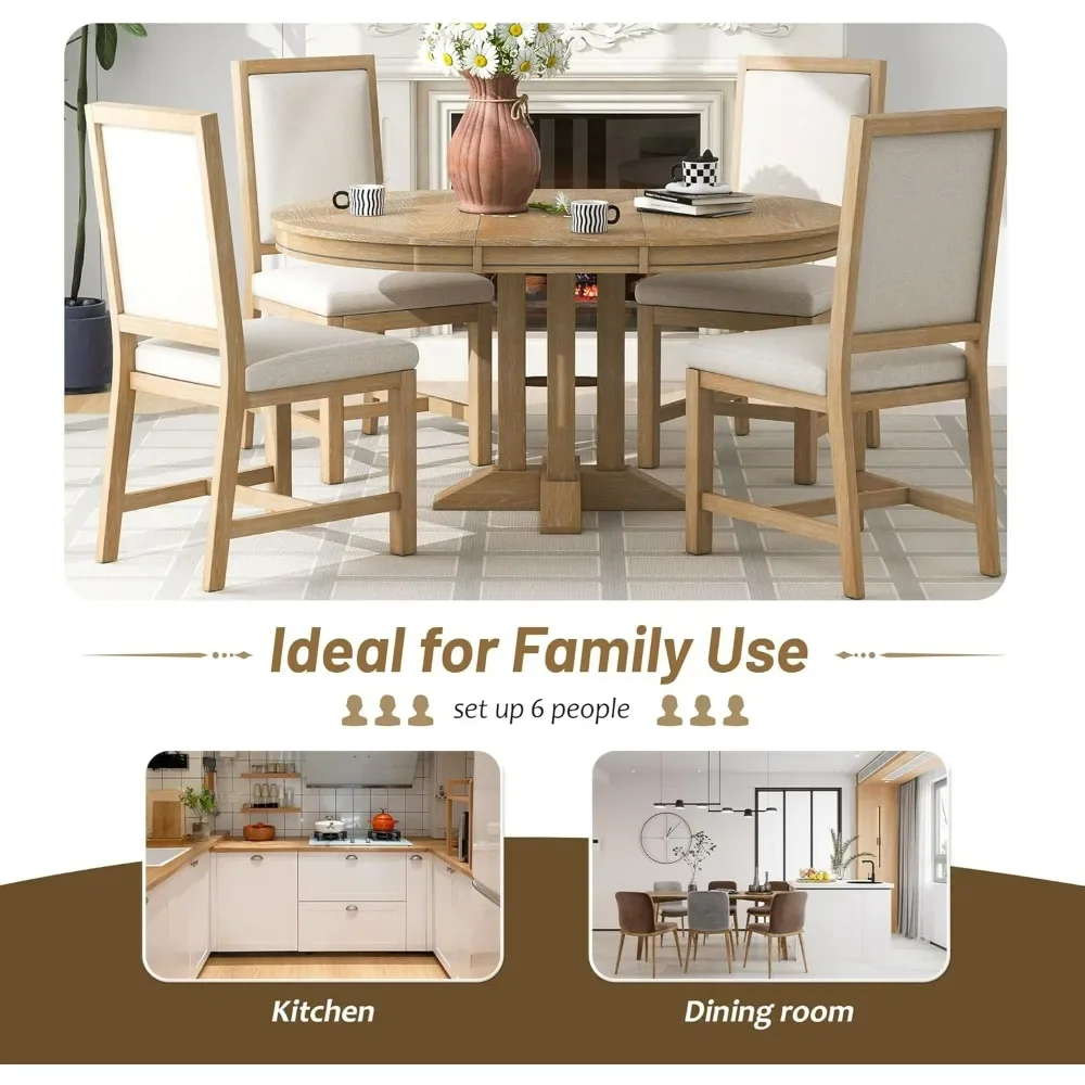 Dining Table Set for 4, 5-Piece Wood Round Extendable Table and 4 Upholstered Dining Chairs with Backrest, Kitchen Table Set