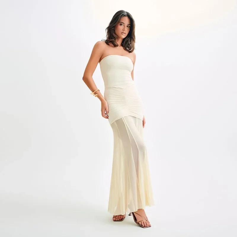 فستان جديد على الطراز الأوروبي والأمريكي مع ربط بدون حمالات، تنورة طويلة بقصة ضيقة بدون ظهر، فستان مثير وعصري