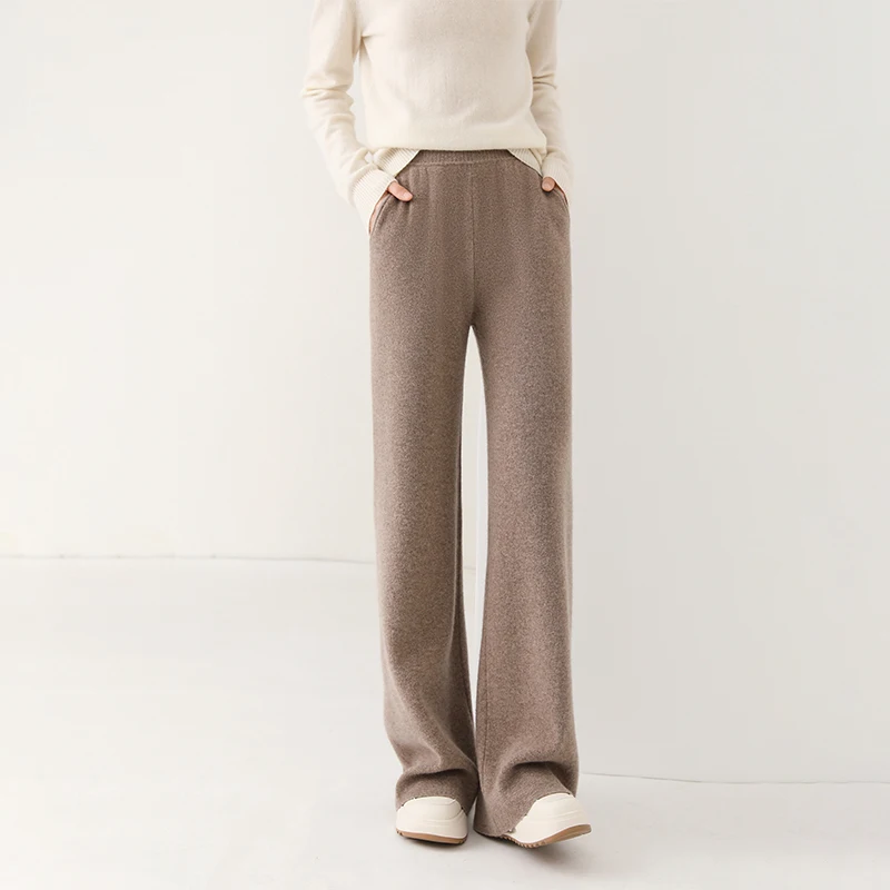New Women’s Pure Wool Wide Leg Pants Autumn Winter Pockets Elastic Waist Straight Leg Trousers 100% Merino Wool Knitting Pants